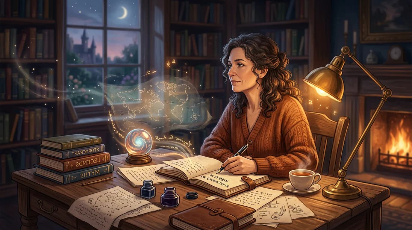 Author drafting a story in a warm study
